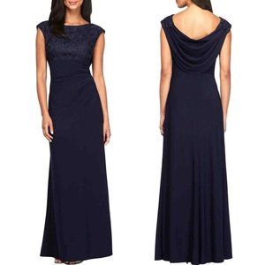 Alex Evenings Blue Maxi Gown with Cap Sleeves